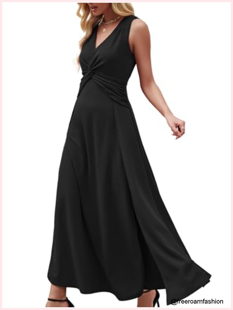 Deep V Neck A-Line Midi Dress With Flutter Ruffle Sleeveless Evening Formal